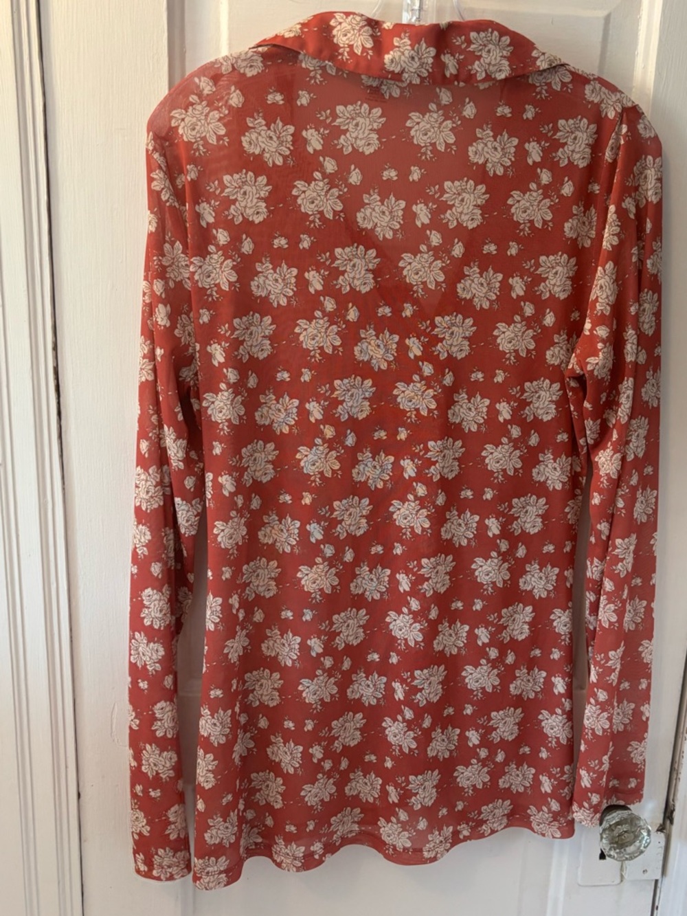 Altar'd State Rust Sheer Mesh Floral Ruched Button-Down Top Whimsical Boho - Picture 3 of 4